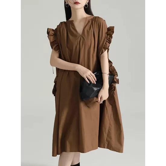 Adjustable Drawstring Pleated Solid Color Loose Raglan Sleeve V-Neck Shirt Dress Midi Dresses