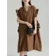 Adjustable Drawstring Pleated Solid Color Loose Raglan Sleeve V-Neck Shirt Dress Midi Dresses