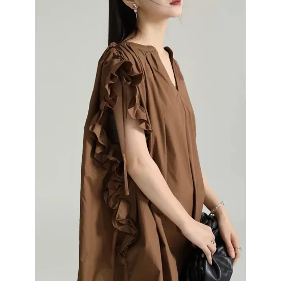 Adjustable Drawstring Pleated Solid Color Loose Raglan Sleeve V-Neck Shirt Dress Midi Dresses