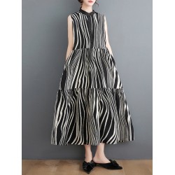 Striped Loose Sleeveless Stand Collar Midi Dresses