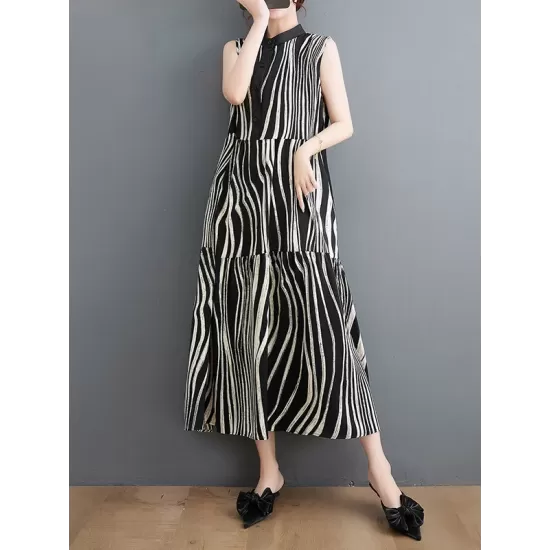 Striped Loose Sleeveless Stand Collar Midi Dresses