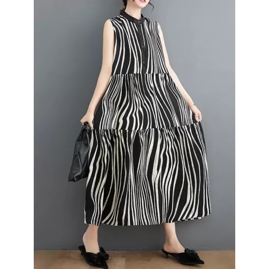 Striped Loose Sleeveless Stand Collar Midi Dresses