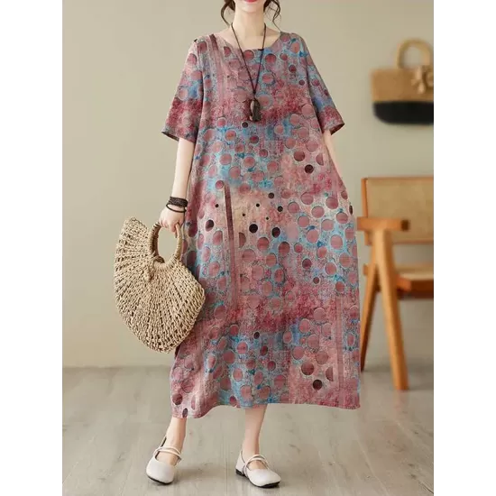 Contrast Color Polka-Dot Printed Half Sleeves Loose Round-Neck Midi Dresses