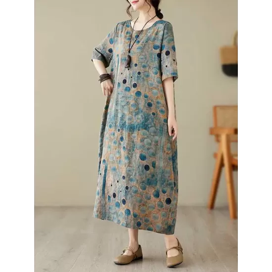 Contrast Color Polka-Dot Printed Half Sleeves Loose Round-Neck Midi Dresses