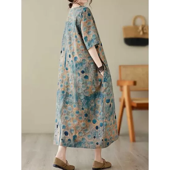 Contrast Color Polka-Dot Printed Half Sleeves Loose Round-Neck Midi Dresses