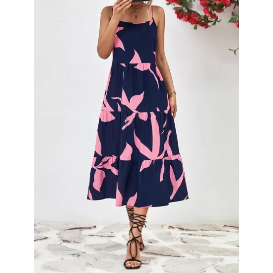 Contrast Color Floral Printed Loose Sleeveless Spaghetti-Neck Midi Dresses