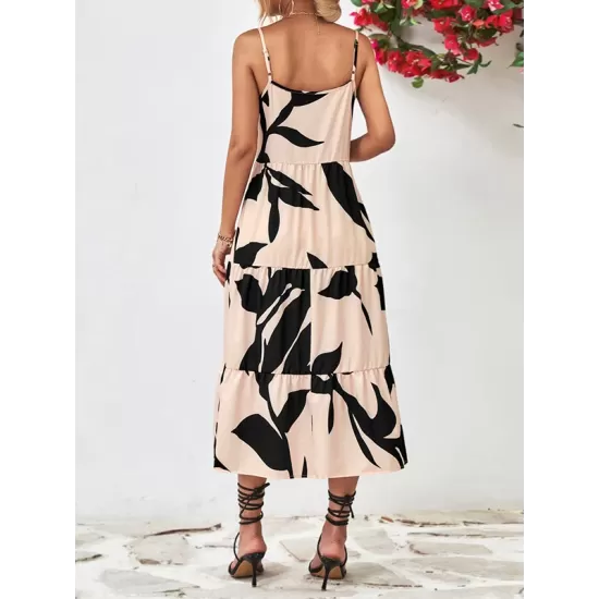 Contrast Color Floral Printed Loose Sleeveless Spaghetti-Neck Midi Dresses