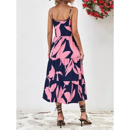 Contrast Color Floral Printed Loose Sleeveless Spaghetti-Neck Midi Dresses