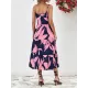 Contrast Color Floral Printed Loose Sleeveless Spaghetti-Neck Midi Dresses