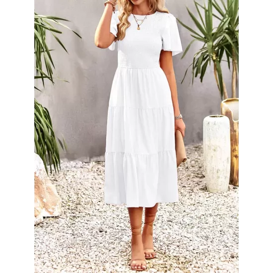 Elastics Solid Color Loose Short Sleeves Round-neck Midi Dresses