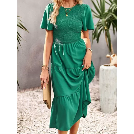 Elastics Solid Color Loose Short Sleeves Round-neck Midi Dresses