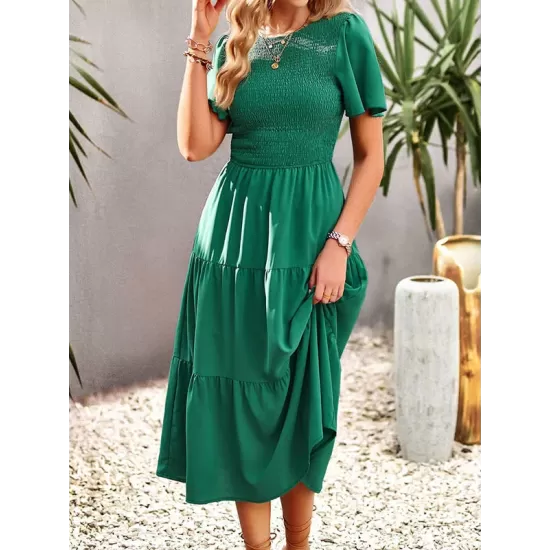 Elastics Solid Color Loose Short Sleeves Round-neck Midi Dresses