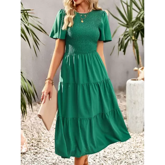 Elastics Solid Color Loose Short Sleeves Round-neck Midi Dresses