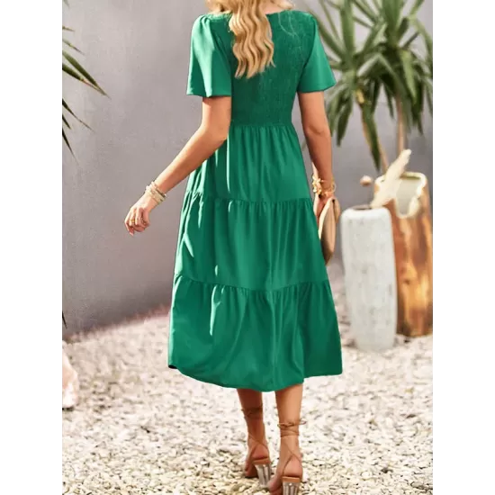 Elastics Solid Color Loose Short Sleeves Round-neck Midi Dresses