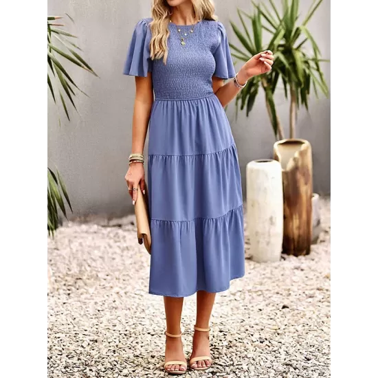 Elastics Solid Color Loose Short Sleeves Round-neck Midi Dresses