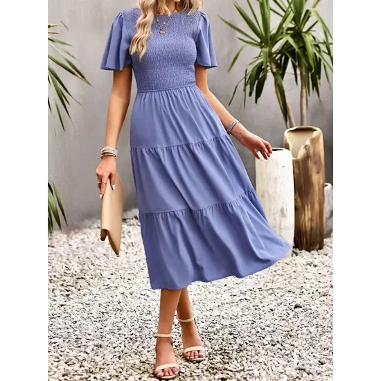 Elastics Solid Color Loose Short Sleeves Round-neck Midi Dresses