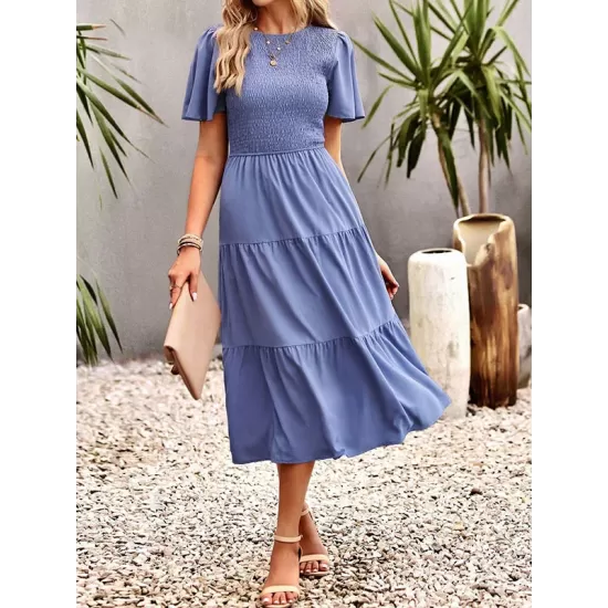 Elastics Solid Color Loose Short Sleeves Round-neck Midi Dresses