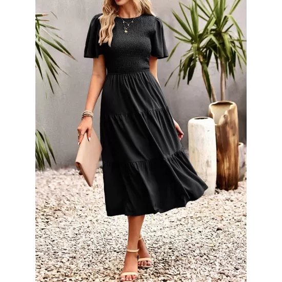 Elastics Solid Color Loose Short Sleeves Round-neck Midi Dresses