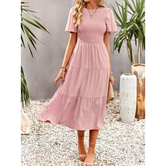 Elastics Solid Color Loose Short Sleeves Round-neck Midi Dresses