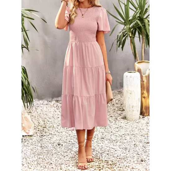 Elastics Solid Color Loose Short Sleeves Round-neck Midi Dresses