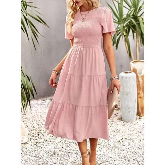 Elastics Solid Color Loose Short Sleeves Round-neck Midi Dresses