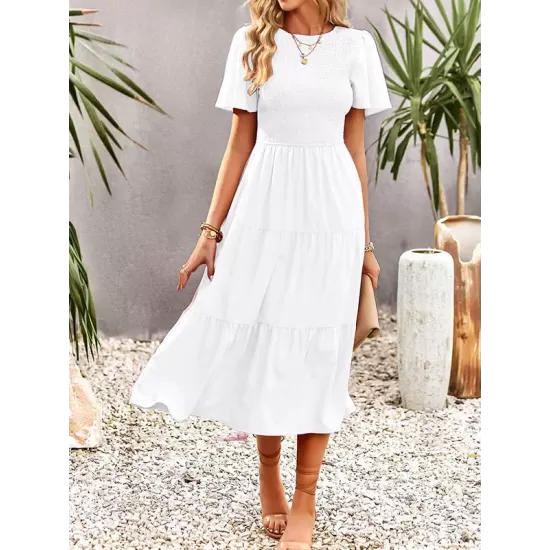 Elastics Solid Color Loose Short Sleeves Round-neck Midi Dresses