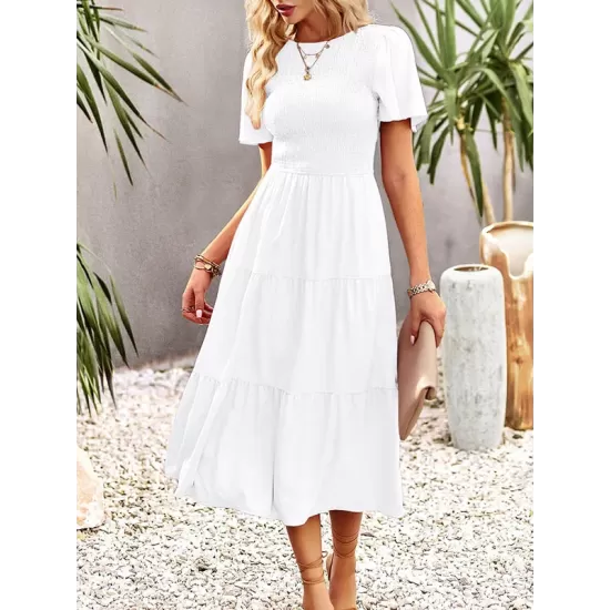 Elastics Solid Color Loose Short Sleeves Round-neck Midi Dresses