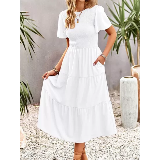 Elastics Solid Color Loose Short Sleeves Round-neck Midi Dresses