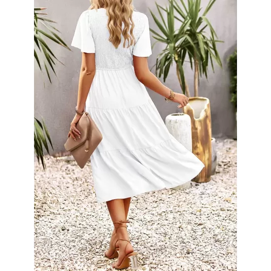 Elastics Solid Color Loose Short Sleeves Round-neck Midi Dresses