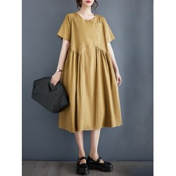 Asymmetric Pleated Pockets Solid Color Split-Joint A-line Loose Round-neck Midi Dresses