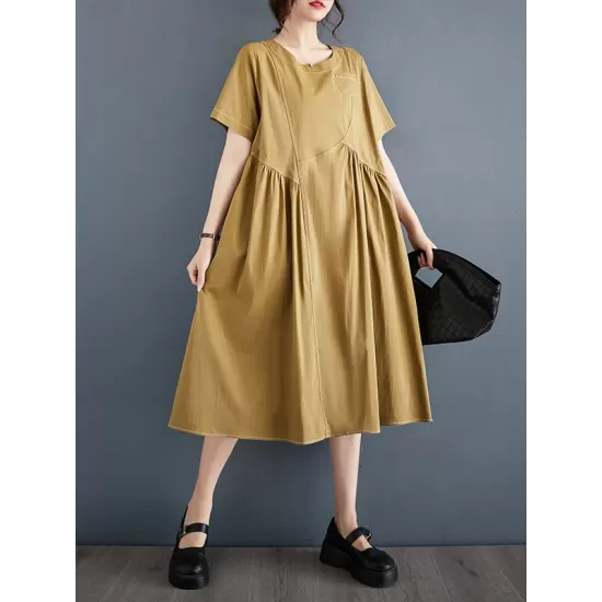 Asymmetric Pleated Pockets Solid Color Split-Joint A-line Loose Round-neck Midi Dresses