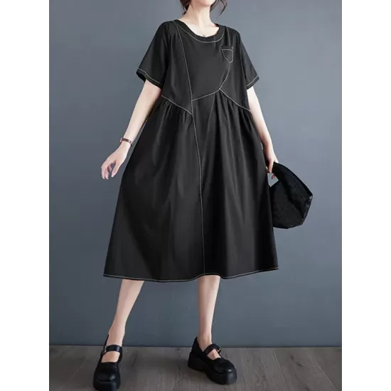 Asymmetric Pleated Pockets Solid Color Split-Joint A-line Loose Round-neck Midi Dresses