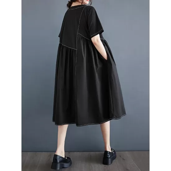 Asymmetric Pleated Pockets Solid Color Split-Joint A-line Loose Round-neck Midi Dresses