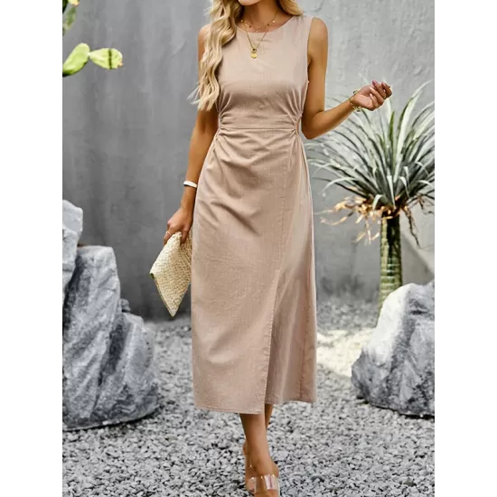 Hollow Solid Color Split-side Sleeveless Round-neck Midi Dresses