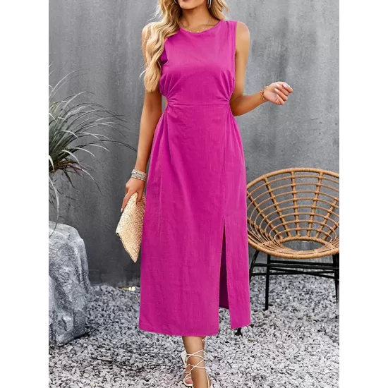 Hollow Solid Color Split-side Sleeveless Round-neck Midi Dresses