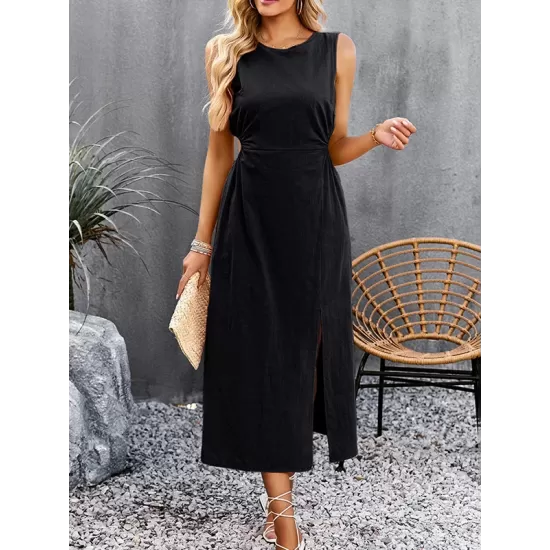 Hollow Solid Color Split-side Sleeveless Round-neck Midi Dresses