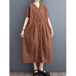 Buttoned Pockets Solid Color A-Line Loose V-Neck Midi Dresses