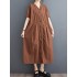 Buttoned Pockets Solid Color A-Line Loose V-Neck Midi Dresses