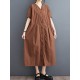 Buttoned Pockets Solid Color A-Line Loose V-Neck Midi Dresses