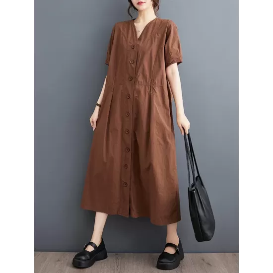 Buttoned Pockets Solid Color A-Line Loose V-Neck Midi Dresses