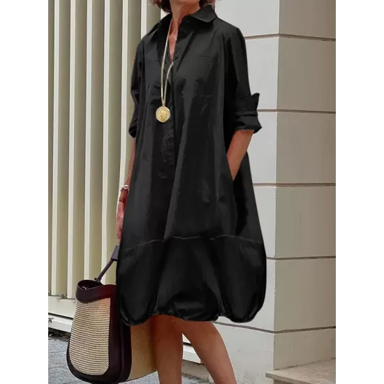 Long Sleeves Loose Solid Color Lapel Collar Midi Dresses