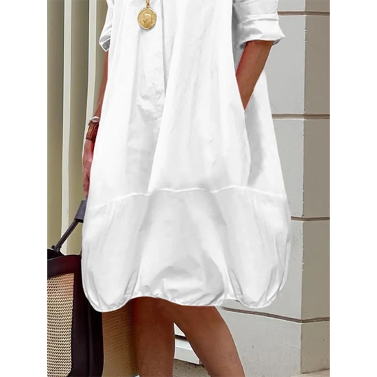 Long Sleeves Loose Solid Color Lapel Collar Midi Dresses