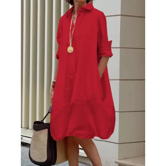 Long Sleeves Loose Solid Color Lapel Collar Midi Dresses