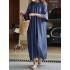 Drawstring Lace-Up Pleated Solid Color Loose Raglan Sleeve Round-Neck Midi Dresses