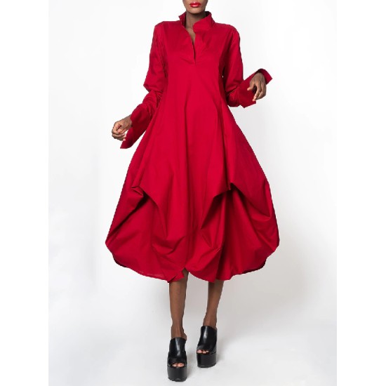 Stylish Loose Stand-Collar Long Sleeves Midi Dress