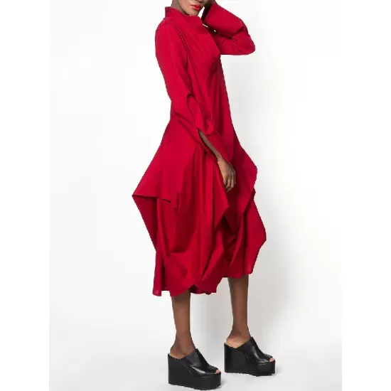 Stylish Loose Stand-Collar Long Sleeves Midi Dress