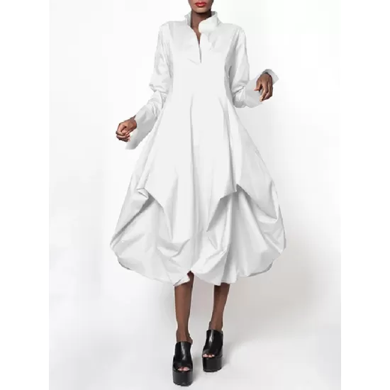 Stylish Loose Stand-Collar Long Sleeves Midi Dress