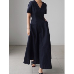 Simple Casual Solid Color Pleated Midi Dress