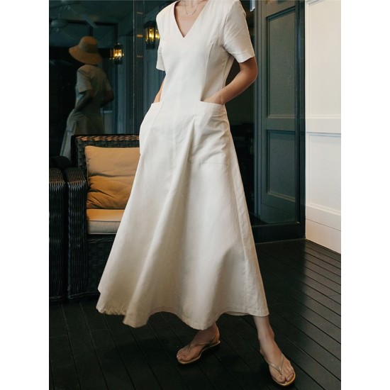 Simple Casual Solid Color Pleated Midi Dress