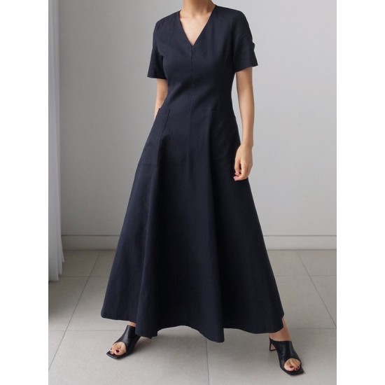 Simple Casual Solid Color Pleated Midi Dress